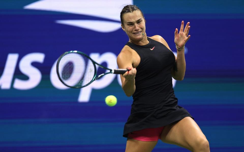 Aryna Sabalenka, of Belarus, hits a forehand return during her Women's Singles Quarterfinal against Zheng Qinwen, of China, on day nine of the 2024 US Open at USTA Billie Jean King National Tennis Center on September 03 2024, at Flushing Meadows in New York