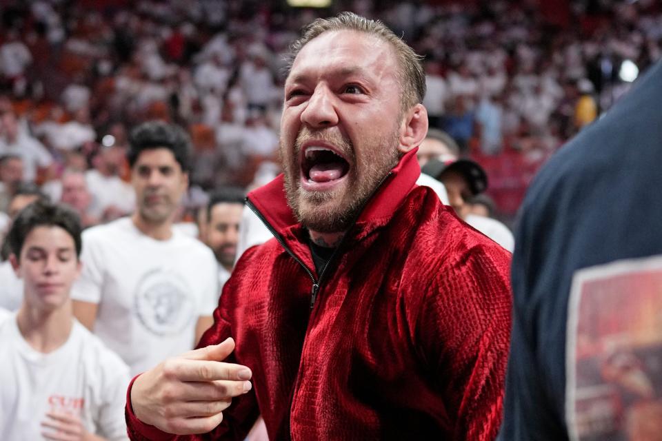 Jun 9, 2023; Miami, Florida, USA; MMA fighter Conor McGregor attends game four of the 2023 NBA Finals between the Miami Heat and Denver Nuggets at Kaseya Center. Mandatory Credit: Kyle Terada-USA TODAY Sports