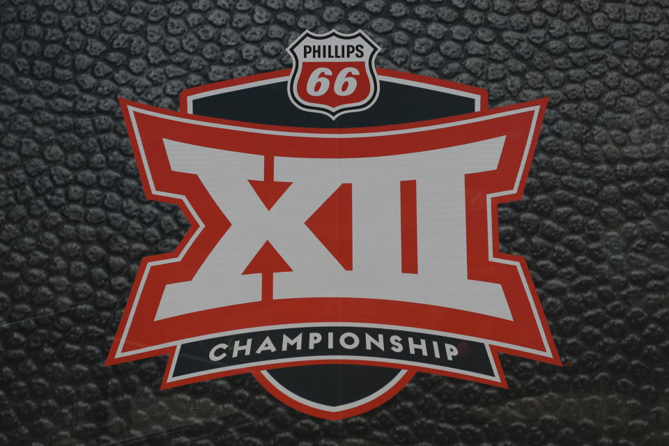 KANSAS CITY, MO - MARCH 16: A general view of the Big 12 Championship logo before the championship game between the Iowa State Cyclones and Kansas Jayhawks on March 16, 2019 at Sprint Center in Kansas City, MO. (Photo by Scott Winters/Icon Sportswire via Getty Images)