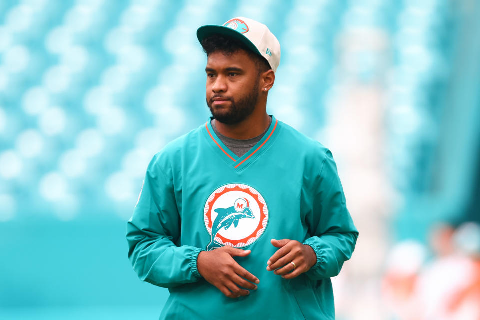 MIAMI GARDENS, FLORIDA - SEPTEMBER 12: Tua Tagovailoa #1 of the Miami Dolphins warms up prior to a game against the Buffalo Bills at Hard Rock Stadium on September 12, 2024 in Miami Gardens, Florida. (Photo by Megan Briggs/Getty Images)