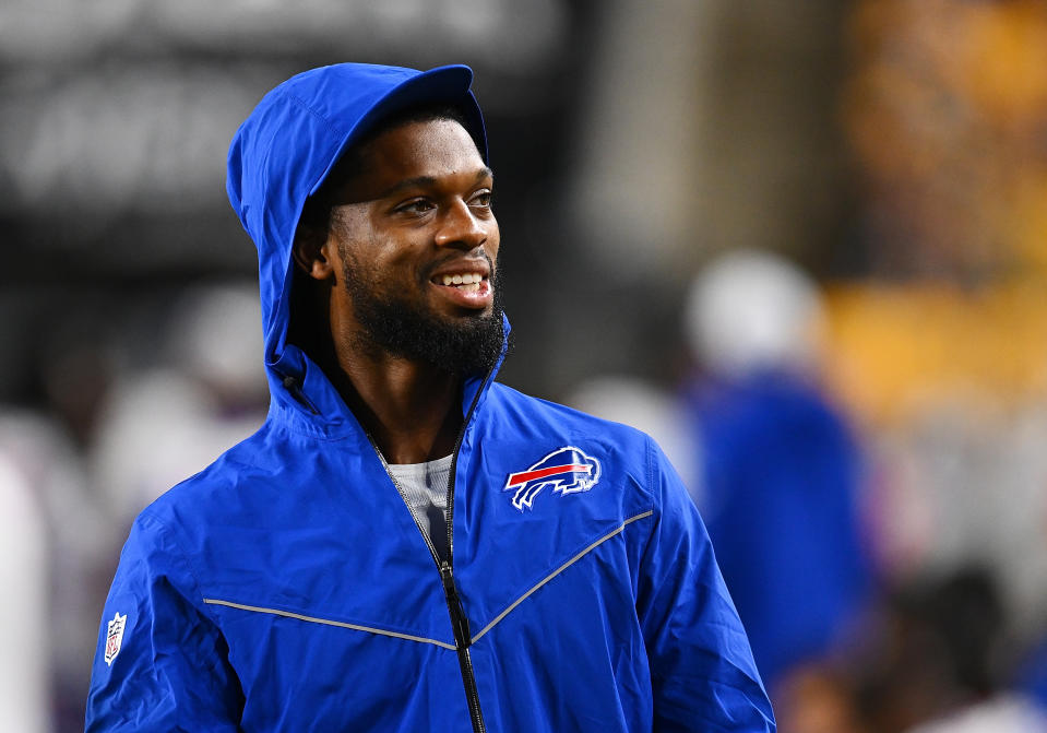 PITTSBURGH, PENNSYLVANIA - AUGUST 17: Damar Hamlin #3 of the Buffalo Bills looks on during the preseason game against the Pittsburgh Steelers at Acrisure Stadium on August 17, 2024 in Pittsburgh, Pennsylvania. (Photo by Joe Sargent/Getty Images)