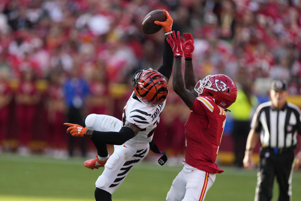 Cam Taylor-Britt made one of the highlights of the young NFL season on Sunday. (AP Photo/Charlie Riedel)