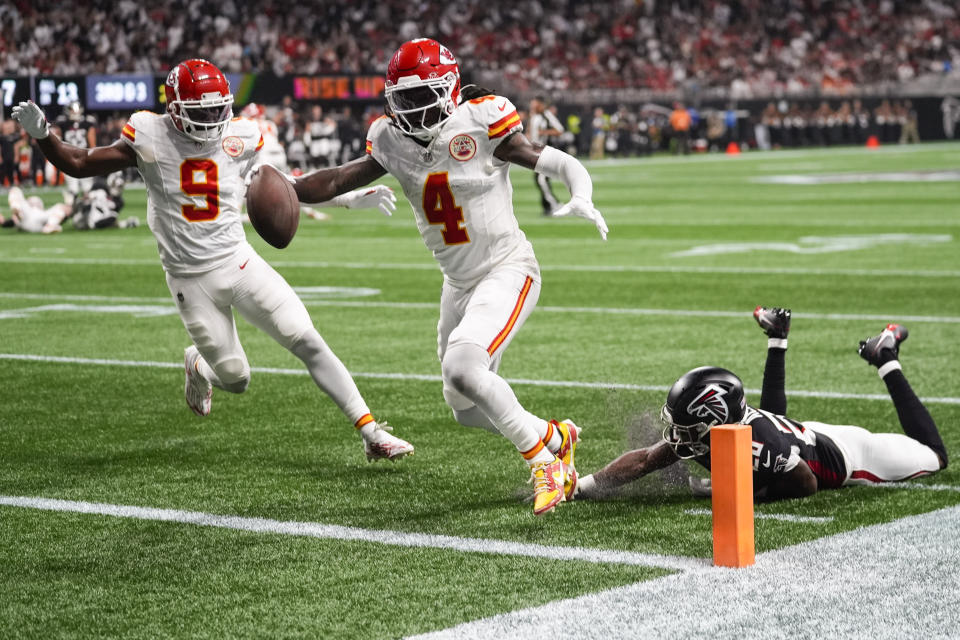 Kansas City Chiefs wide receiver Rashee Rice scores a touchdown against the Atlanta Falcons. (AP Photo/John Bazemore)