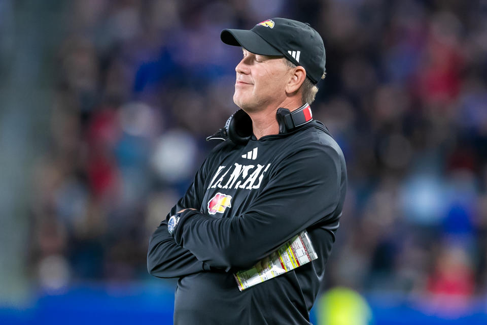 KANSAS CITY, KS - SEPTEMBER 13: Kansas head coach Lance Leipold reacts to a call on the field during the game between the Kansas Jayhawks and the UNLV Rebels on Friday September 13, 2024 at Children's Mercy Park in Kansas City, Kansas. (Photo by Nick Tre. Smith/Icon Sportswire via Getty Images)