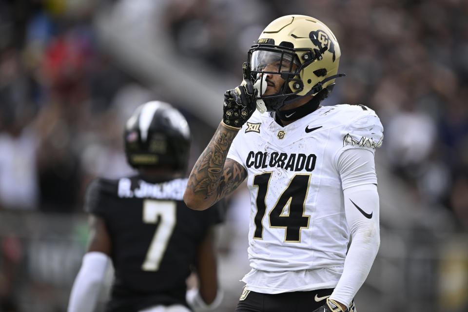 Colorado wide receiver Will Sheppard (14) celebrates after his touchdown catch during the first half of an NCAA college football game against Central Florida, Saturday, Sept. 28, 2024, in Orlando, Fla. (AP Photo/Phelan M. Ebenhack)