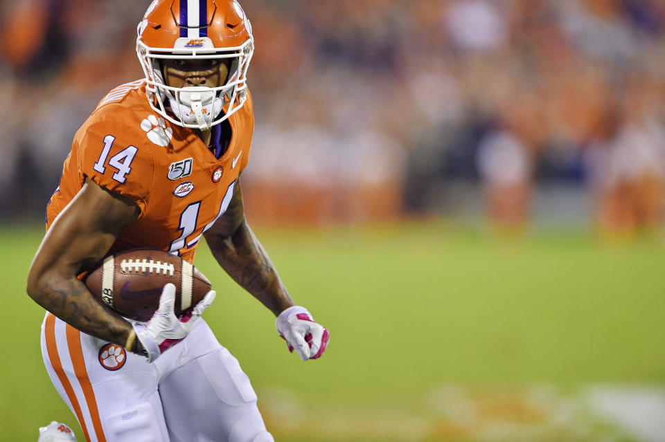 Clemson's Diondre Overton rushes for a touchdown after a reception during an NCAA college football game against Boston College Saturday, Oct. 26, 2019, in Clemson, S.C. (AP Photo/Richard Shiro)