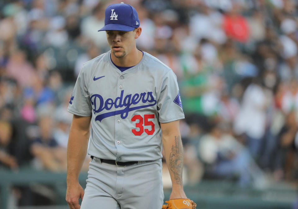 CHICAGO, IL - JUNE 26: Gavin Stone #35 of the Los Angeles Dodgers walks towards the dugout after the third out in the second inning against the Chicago White Sox on June 26, 2024 at Guaranteed Rate Field in Chicago,Illinois. (Photo by Melissa Tamez/Icon Sportswire via Getty Images)