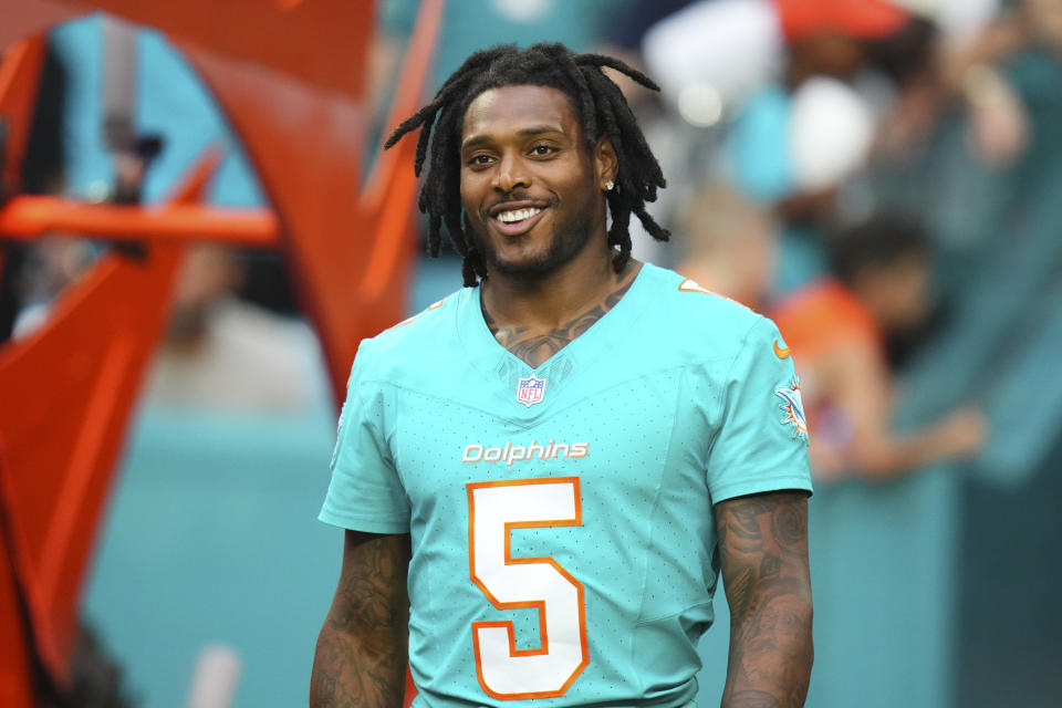 MIAMI GARDENS, FLORIDA - AUGUST 09: Jalen Ramsey #5 of the Miami Dolphins enters the filed prior to a preseason game against the Atlanta Falcons at Hard Rock Stadium on August 09, 2024 in Miami Gardens, Florida. (Photo by Rich Storry/Getty Images)