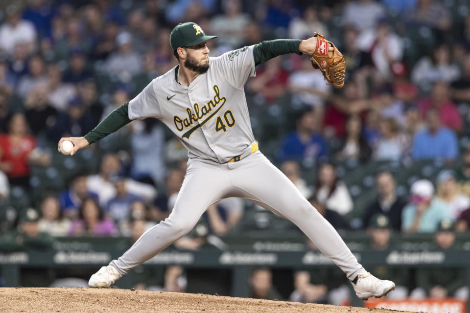 Mitch Spence #40 of the Oakland Athletics delivers a pitch in the first inning against the Chicago Cubs at Wrigley Field on September 17, 2024 in Chicago, Illinois. (Photo by Griffin Quinn/Getty Images)