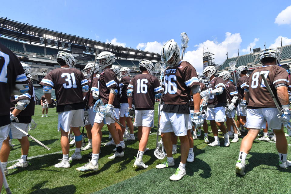 PHILADELPHIA, PENNSYLVANIA - MAY 26: Tufts University Jumbos prep for the Division III Men's Lacrosse Championship held at Lincoln Financial Field on May 26, 2024 in Philadelphia, Pennsylvania. (Photo by Larry French/NCAA Photos via Getty Images)