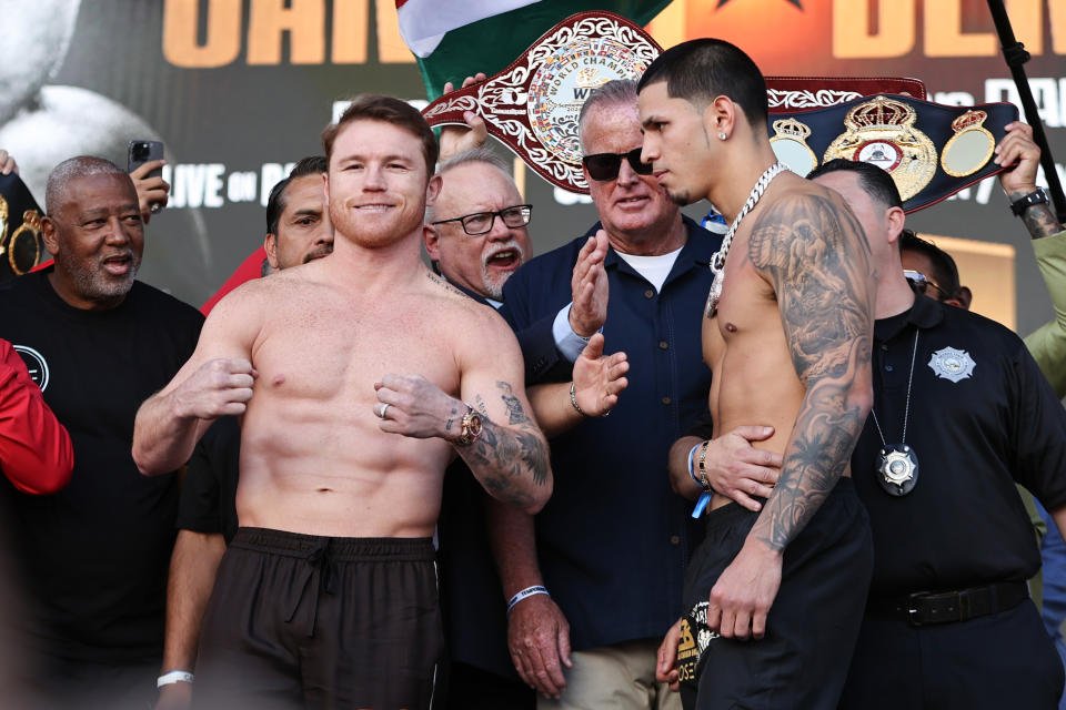 LAS VEGAS, NEVADA - SEPTEMBER 13: Boxers Saul Canelo Alvarez and Edgar Berlanga pose for picture during the official Weigh-in at T-Mobile Arena on September 13, 2024 in Las Vegas, Nevada. (Photo by Omar Vega/Getty Images)