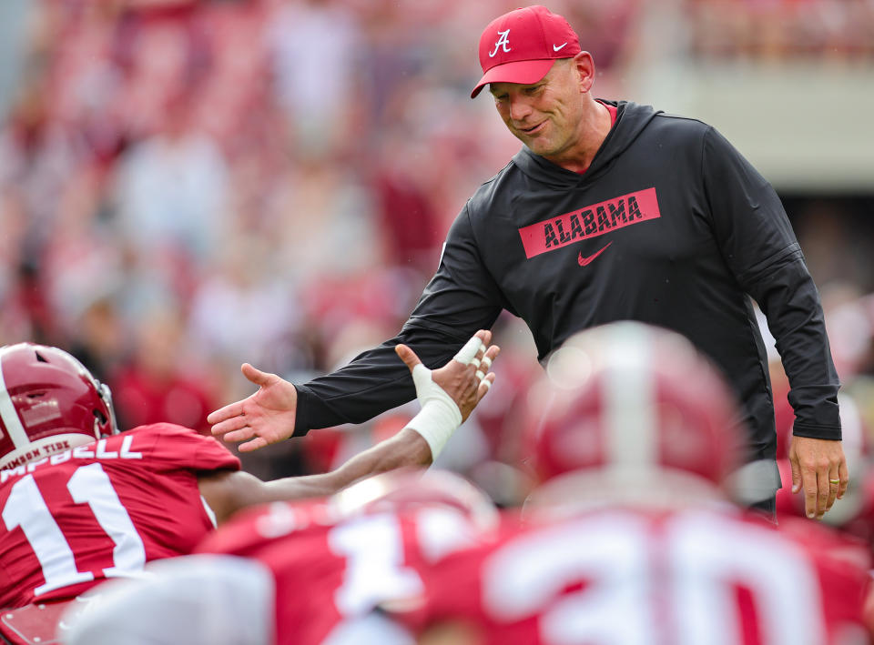 TUSCALOOSA, ALABAMA - AUGUST 31: Head coach Kalen DeBoer of the Alabama Crimson Tide encourages his prior to kickoff against the Western Kentucky Hilltoppers at Bryant-Denny Stadium on August 31, 2024 in Tuscaloosa, Alabama. (Photo by Brandon Sumrall/Getty Images)