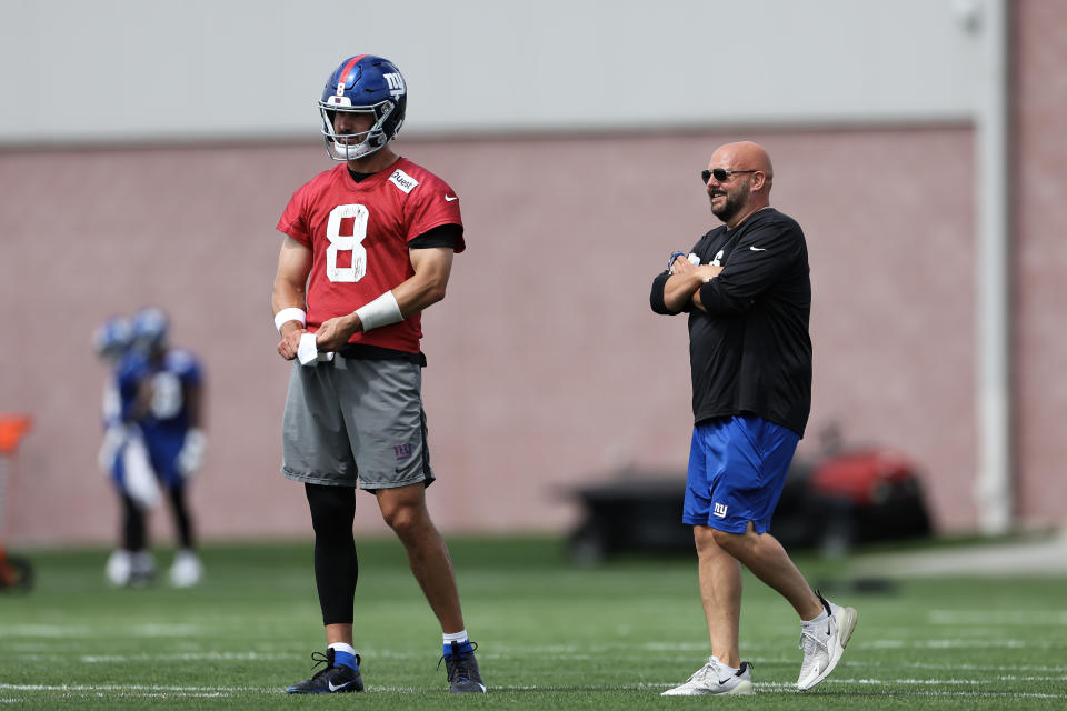 EAST RUTHERFORD, NEW JERSEY - JUNE 06: (L-R) Daniel Jones #8 and head coach Brian Daboll of the New York Giants during New York Giants OTA Offseason Workouts at NY Giants Quest Diagnostics Training Center on June 06, 2024 in East Rutherford, New Jersey. (Photo by Luke Hales/Getty Images)