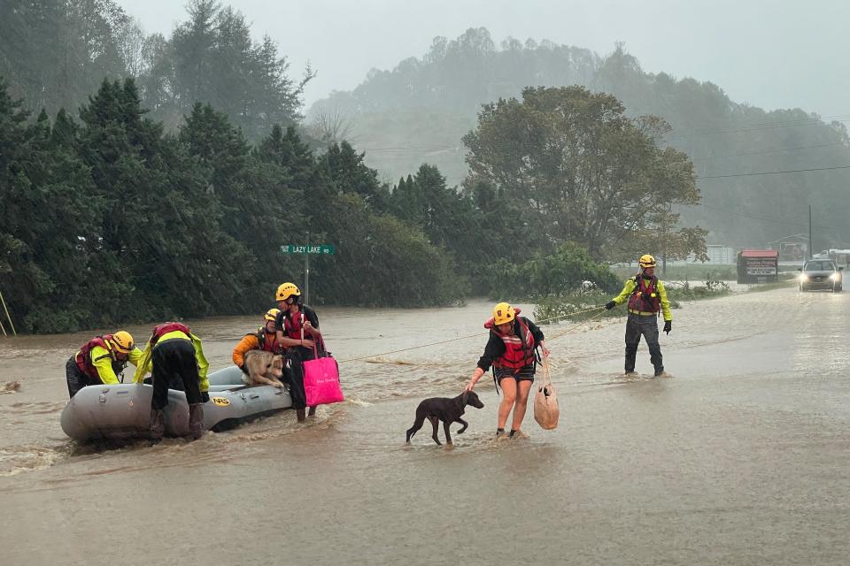 Residents lead their pets to safety on Friday in Boone, North Carolina (REUTERS/Jonathan Drake)