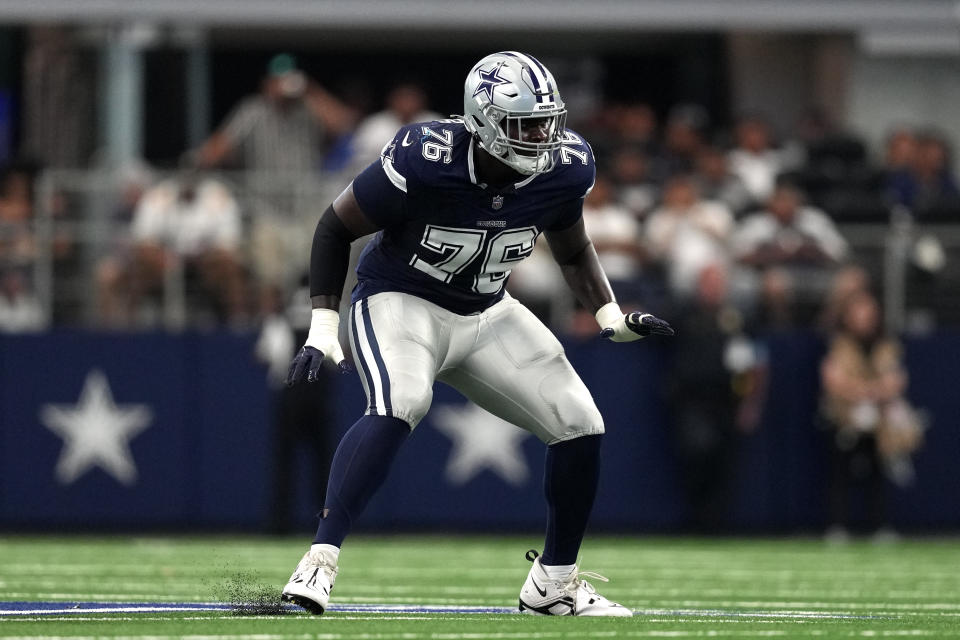 ARLINGTON, TEXAS - AUGUST 24: Asim Richards #76 of the Dallas Cowboys defends during the first half of a preseason game against the Los Angeles Chargers at AT&T Stadium on August 24, 2024 in Arlington, Texas. (Photo by Sam Hodde/Getty Images)