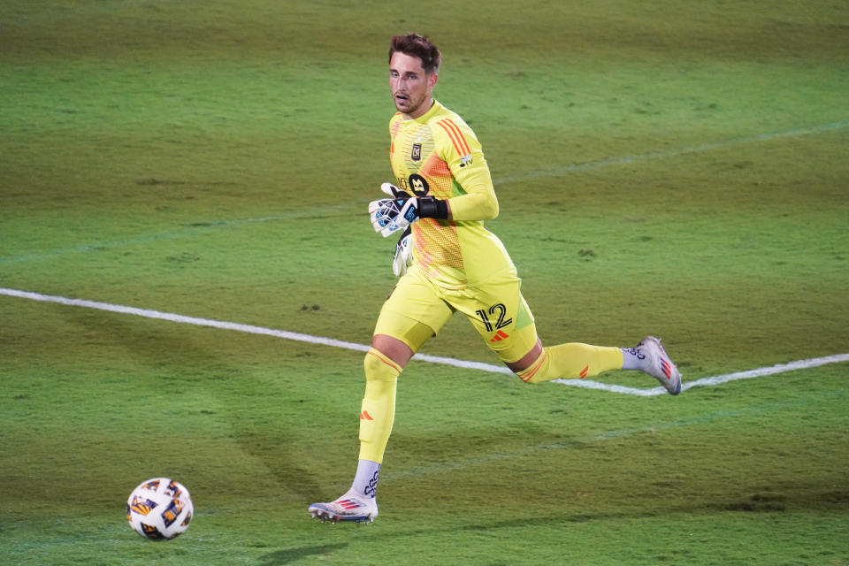 FRISCO, TEXAS, UNITED STATES - 2024/09/21: Thomas Hasal #12 goalkeeper of of Los Angeles controls the ball during the MLS regular season match between FC Dallas and Los Angeles FC at Toyota Stadium. Dallas FC defeats LAFC 3-1. (Photo by Javier Vicencio/Eyepix Group/LightRocket via Getty Images)