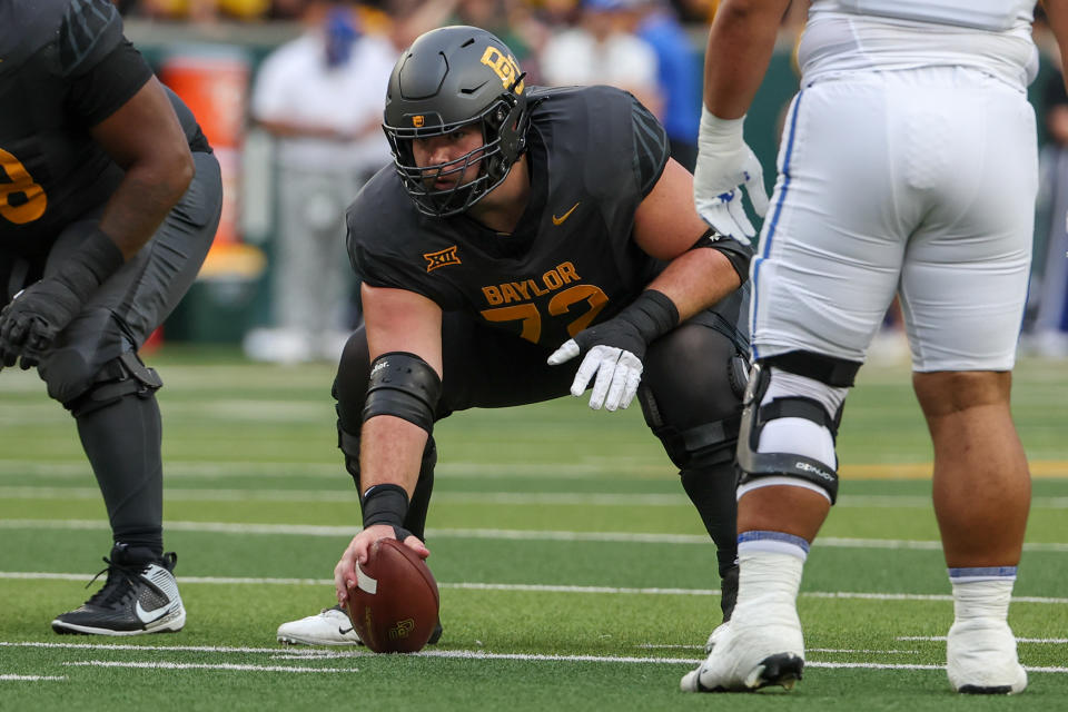 WACO, TX - SEPTEMBER 14: Baylor Bears offensive lineman Coleton Price (72) prepares for play during the college football game between Baylor Bears and Air Force Falcons on September 14, 2024, at McLane Stadium in Waco, TX. (Photo by David Buono/Icon Sportswire via Getty Images)