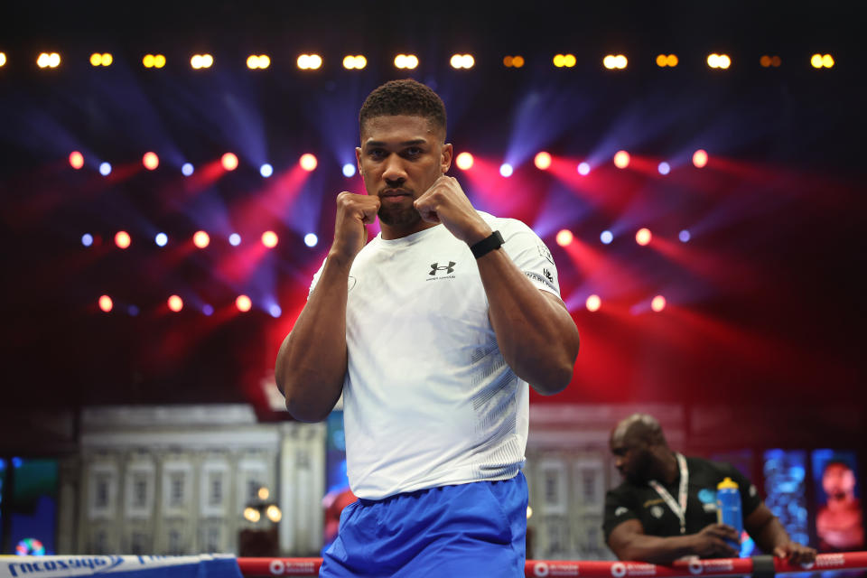 LONDON, ENGLAND - SEPTEMBER 18: British Heavyweight boxer Anthony Joshua during the open workout as part of the Riyadh Season - Wembley Edition card at Odeon Luxe Leicester Square on September 18, 2024 in London, England. (Photo by Mark Robinson/Matchroom Boxing/Getty Images)