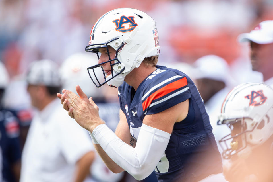 AUBURN, ALABAMA - SEPTEMBER 07: Quarterback Hank Brown #15 of the Auburn Tigers prior to their game against the California Golden Bears at Jordan-Hare Stadium on September 07, 2024 in Auburn, Alabama. (Photo by Michael Chang/Getty Images)