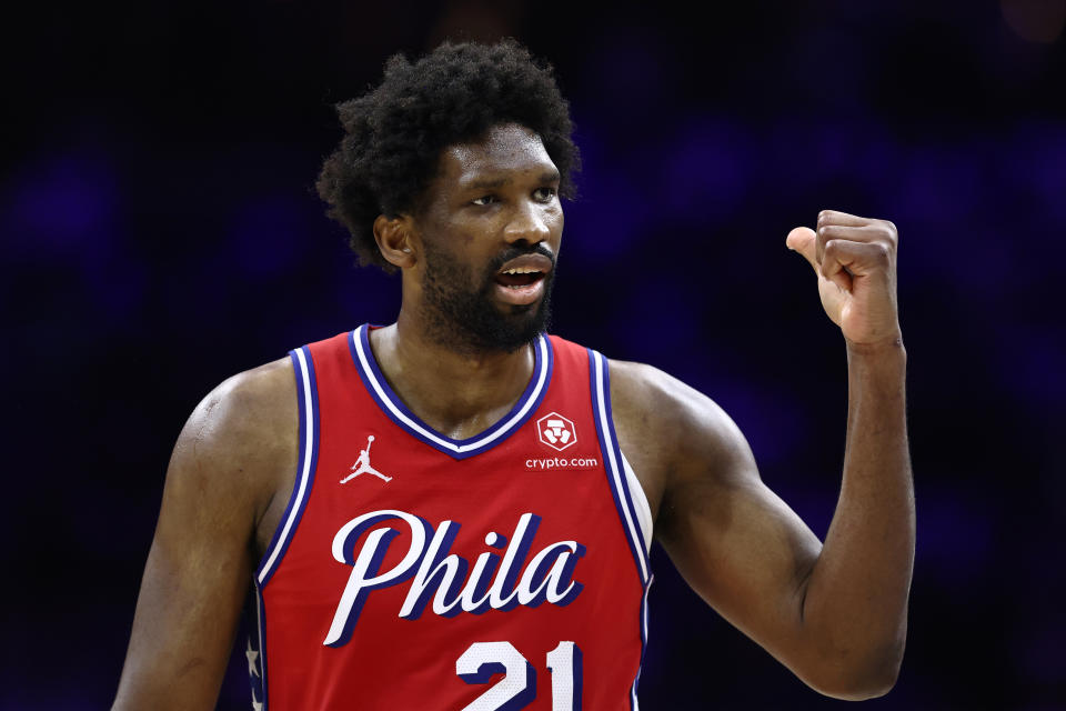 PHILADELPHIA, PENNSYLVANIA - APRIL 28: Joel Embiid #21 of the Philadelphia 76ers reacts during the fourth quarter against the New York Knicks during game four of the Eastern Conference First Round Playoffs at the Wells Fargo Center on April 28, 2024 in Philadelphia, Pennsylvania. (Photo by Tim Nwachukwu/Getty Images)