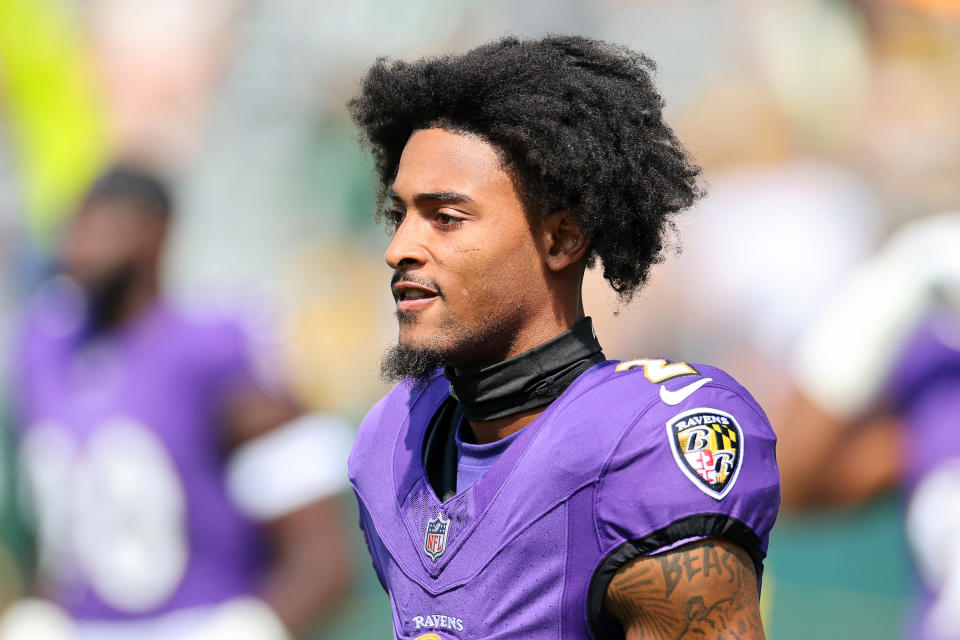 GREEN BAY, WISCONSIN - AUGUST 24: Nate Wiggins #2 of the Baltimore Ravens participates in warmups prior to a preseason game against the Green Bay Packers at Lambeau Field on August 24, 2024 in Green Bay, Wisconsin. (Photo by Stacy Revere/Getty Images)