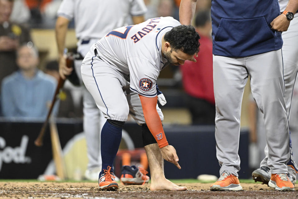 SAN DIEGO, CA - SEPTEMBER 17: Jose Altuve #27 of the Houston Astros points to his foot after grounding out during the ninth inning of a baseball game against the San Diego Padres at Petco Park on September 17, 2024 in San Diego, California. (Photo by Denis Poroy/Getty Images)