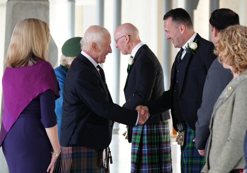 The King met the leaders of the main parties at Holyrood, shaking the hand of new Scottish Conservative leader Russell Findlay, who was elected into the role hours earlier (Jane Barlow/PA)