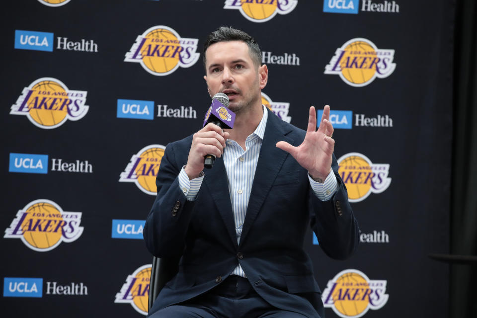 EL SEGUNDO, CA - JULY 02: Los Angeles Lakers head coach J.J. Redick gives a response during the Los Angeles Lakers welcome press conference for their NBA Draft picks on July 02, 2024, at UCLA Health Training Center in El Segundo, CA. (Photo by Jevone Moore/Icon Sportswire via Getty Images)