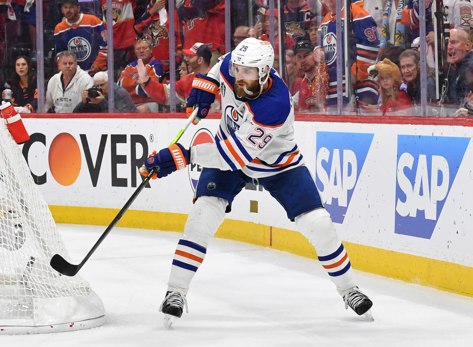 SUNRISE, FLORIDA - JUNE 24: Leon Draisaitl #29 of the Edmonton Oilers in action during Game Seven of the 2024 Stanley Cup Final against the Florida Panthers at Amerant Bank Arena on June 24, 2024, in Sunrise, Florida. (Photo by Andy Devlin/NHLI via Getty Images)