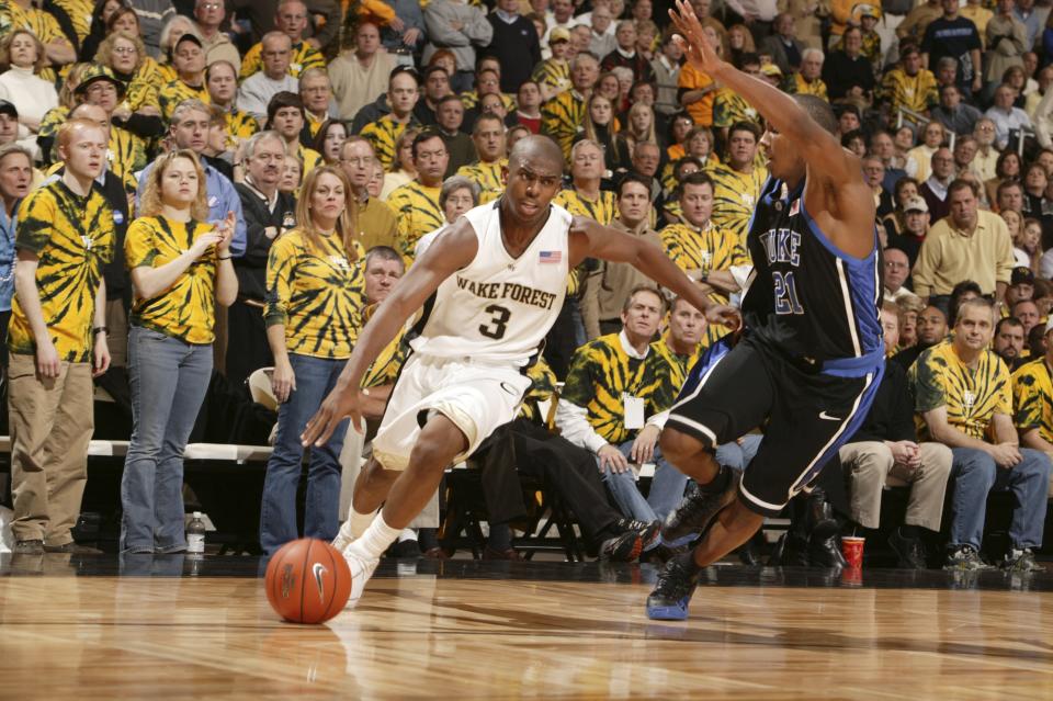 UNITED STATES - FEBRUARY 02: College Basketball: Wake Forest Chris Paul (3) in action vs Duke DeMarcus Nelson (21), Winston-Salem, NC 2/2/2005 (Photo by David E. Klutho/Sports Illustrated via Getty Images) (SetNumber: X72796 TK1)