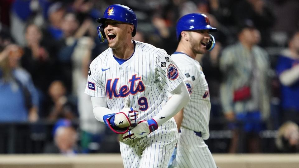 Sep 22, 2024; New York City, New York, USA; New York Mets left fielder Brandon Nimmo (9) reacts to hitting a home run as he rounds the bases against the Philadelphia Phillies during the sixth inning at Citi Field. 