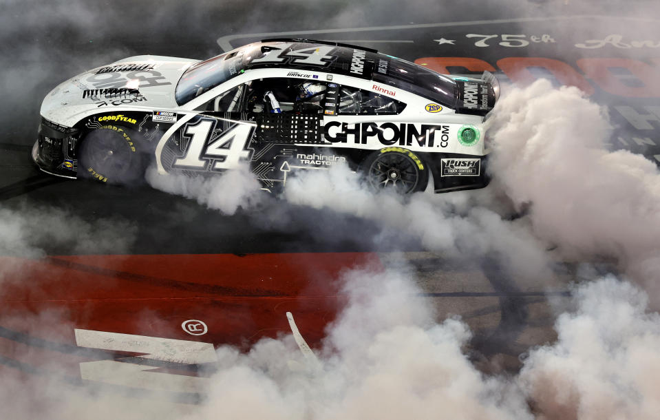 DARLINGTON, SOUTH CAROLINA - SEPTEMBER 01: Chase Briscoe, driver of the #14 HighPoint.com Ford, celebrates with a burnout after winning the NASCAR Cup Series Cook Out Southern 500 at Darlington Raceway on September 01, 2024 in Darlington, South Carolina. (Photo by Meg Oliphant/Getty Images)