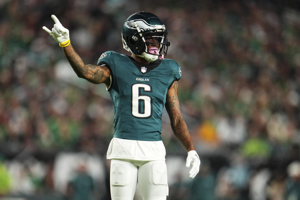 PHILADELPHIA, PA - SEPTEMBER 16: DeVonta Smith #6 of the Philadelphia Eagles lines up before the snap during an NFL football game against the Atlanta Falcons at Lincoln Financial Field on September 16, 2024 in Philadelphia, Pennsylvania. (Photo by Cooper Neill/Getty Images)