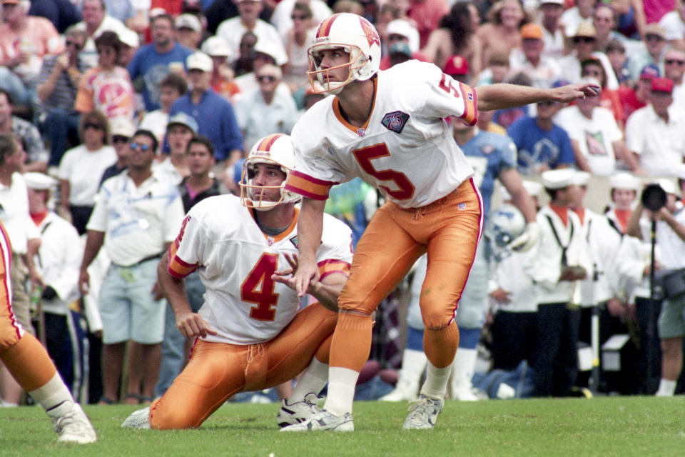 TAMPA, FL - OCTOBER 2, 1994: Michael Husted #5 of the Tampa Bay Buccaneers kicks a filed goal as the Tampa Bay Buccaneers defeat the Detroit Lions in an NFL football game 24-14 on October 2, 1994 at Tampa Stadium in Tampa, Florida. (Photo by Brian Cleary/Getty Images)