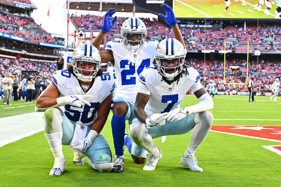 CLEVELAND, OHIO - SEPTEMBER 08: Trevon Diggs #7 of the Dallas Cowboys celebrates with teammates after an interception during the fourth quarter against the Cleveland Browns at Cleveland Browns Stadium on September 08, 2024 in Cleveland, Ohio. (Photo by Jason Miller/Getty Images)