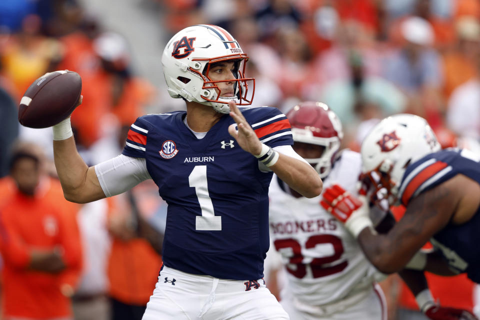 Auburn quarterback Payton Thorne (1) throws a pass during the first half of an NCAA college football game against Oklahoma, Saturday, Sept. 28, 2024, in Auburn, Ala. (AP Photo/Butch Dill)