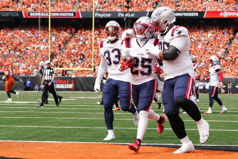 Marcus Jones (25) and the Patriots came up with a big goal-line turnover. (Photo by Dylan Buell/Getty Images)