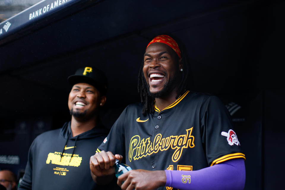 NEW YORK, NY - SEPTEMBER 28: Oneil Cruz #15 of the Pittsburgh Pirates jokes in the dugout during the game between the Pittsburgh Pirates and the New York Yankees at Yankee Stadium on Saturday, September 28, 2024 in New York, New York. (Photo by Rob Tringali/MLB Photos via Getty Images)