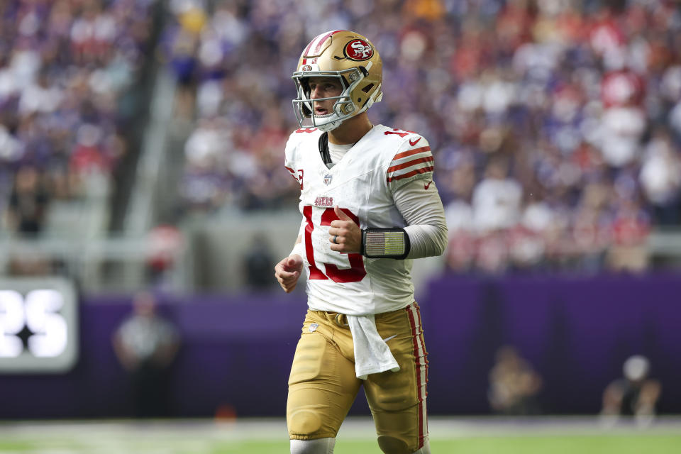 49ers quarterback Brock Purdy will jog onto the field this Sunday and at least a couple more without a good portion of his weapons. How will he look? (AP Photo/Stacy Bengs)