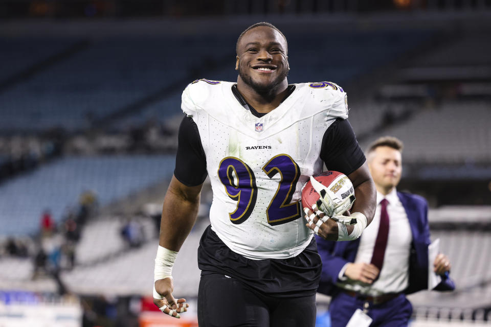 JACKSONVILLE, FL - DECEMBER 17: Justin Madubuike #92 of the Baltimore Ravens celebrates after an NFL football game against the Jacksonville Jaguars at EverBank Stadium on December 17, 2023 in Jacksonville, Florida. (Photo by Perry Knotts/Getty Images)