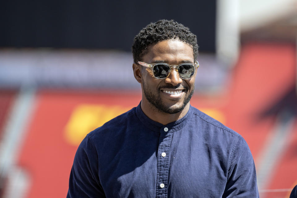 Los Angeles, CA - August 23: Former USC football standout Reggie Bush during a press conference at the Los Angeles Memorial Coliseum with attorneys Levi G. McCathern and Ben Crump to talk about Bush's defamation lawsuit against the NCAA. (Photo by Hans Gutknecht/MediaNews Group/Los Angeles Daily News via Getty Images)