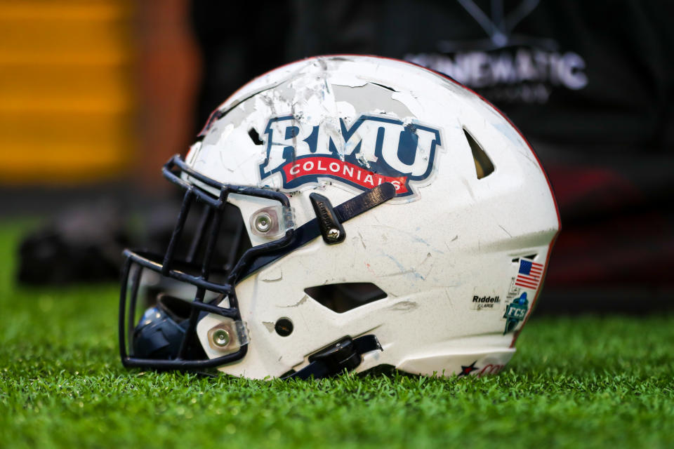 BOONE, NC - OCTOBER 29: A Robert Morris Colonials helmet sits on the sidelines during a football game between the Appalachian State Mountaineers and the Robert Morris Colonials on October 29, 2022, at Kidd Brewer Stadium in Boone, NC. (Photo by David Jensen/Icon Sportswire via Getty Images)