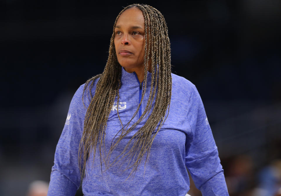 CHICAGO, IL - MAY 07: Head coach Teresa Weatherspoon of the Chicago Sky looks on during the first half of a WNBA preseason game against the New York Liberty at Wintrust Arena on May 7, 2024 in Chicago, Illinois. (Photo by Melissa Tamez/Icon Sportswire via Getty Images)