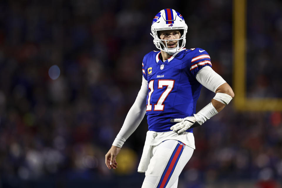 ORCHARD PARK, NY - SEPTEMBER 23: Josh Allen #17 of the Buffalo Bills reacts after a play during the third quarter of an NFL football game against the Jacksonville Jaguars at Highmark Stadium on September 23, 2024 in Orchard Park, New York. (Photo by Kevin Sabitus/Getty Images)