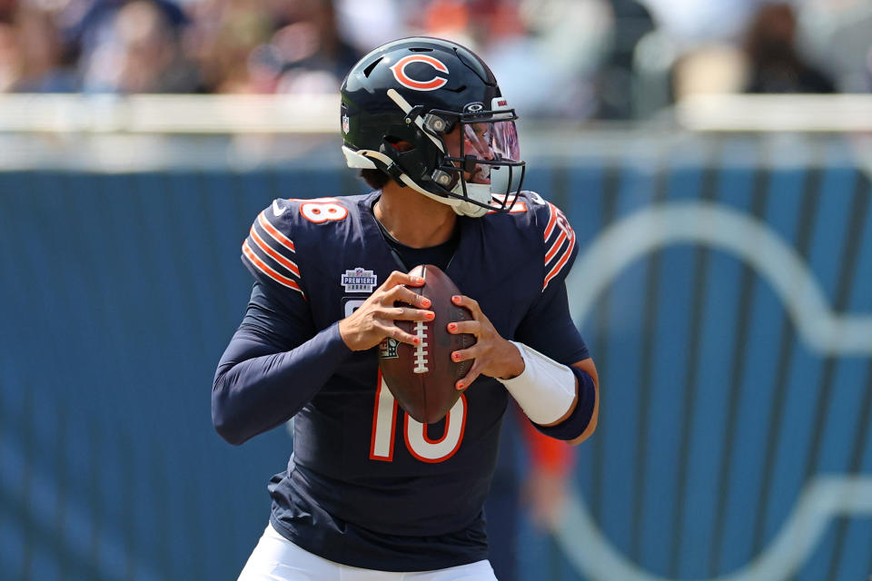 CHICAGO, ILLINOIS - SEPTEMBER 08: Caleb Williams #18 of the Chicago Bears looks to pass during a game against the Tennessee Titans at Soldier Field on September 08, 2024 in Chicago, Illinois. The Bears defeated the Titans 24-17. (Photo by Stacy Revere/Getty Images)