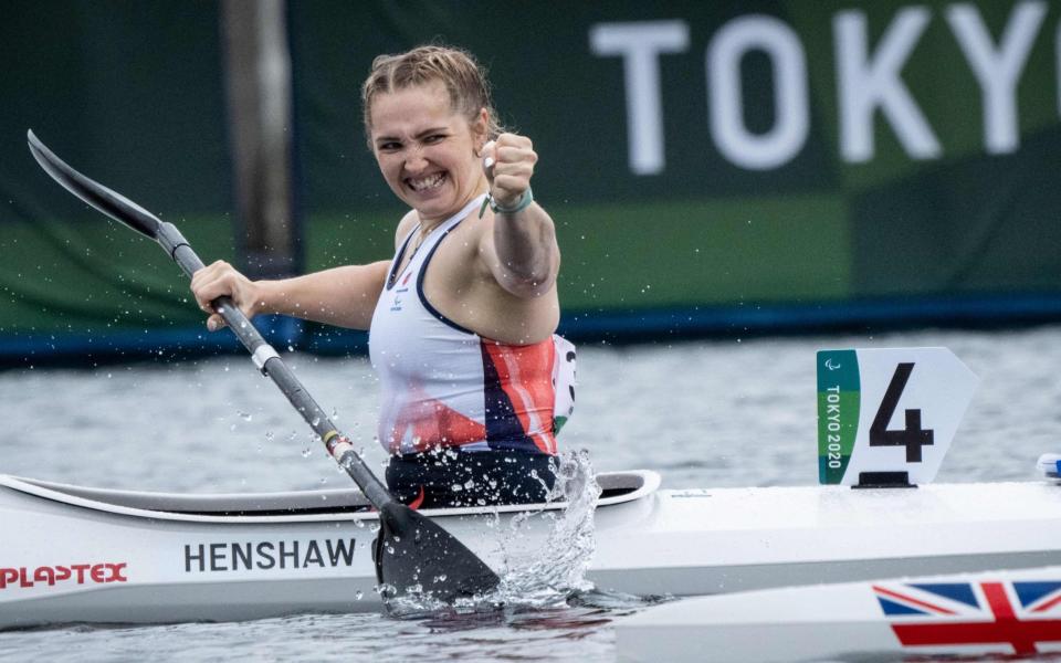 Britain's Charlotte Henshaw reacts after competing in the A final of the canoe sprint women's kayak single 200m (KL2) of the Tokyo 2020 Paralympic Games