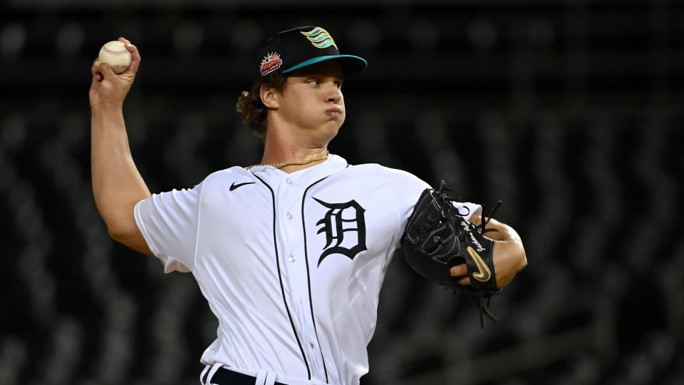 GOODYEAR, AZ - OCTOBER 14: Jackson Jobe #33 of the Salt River Rafters pitches during the game between the Glendale Desert Dogs and the Salt River Rafters at Goodyear Ballpark on Saturday, October 14, 2023 in Goodyear, Arizona. (Photo by Norm Hall/MLB Photos via Getty Images)