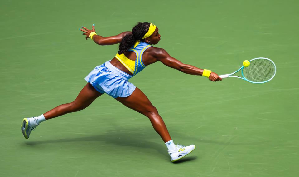 NEW YORK, NEW YORK - AUGUST 30: Coco Gauff of the United States in action against Elina Svitolina of Ukraine in the third round on Day 5 of the US Open at USTA Billie Jean King National Tennis Center on August 30, 2024 in New York City (Photo by Robert Prange/Getty Images)