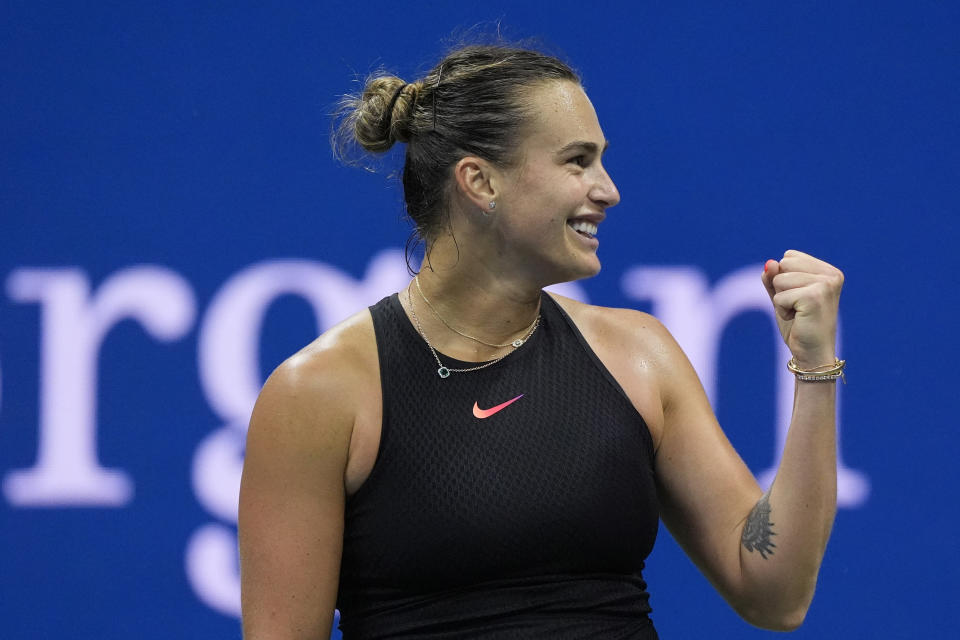 Tennis - U.S. Open - Flushing Meadows, New York, United States - August 30, 2024 Aryna Sabalenka from Belarus celebrates her third round match win against Ekaterina Alexandrova of Russia. REUTERS/Eduardo Munoz