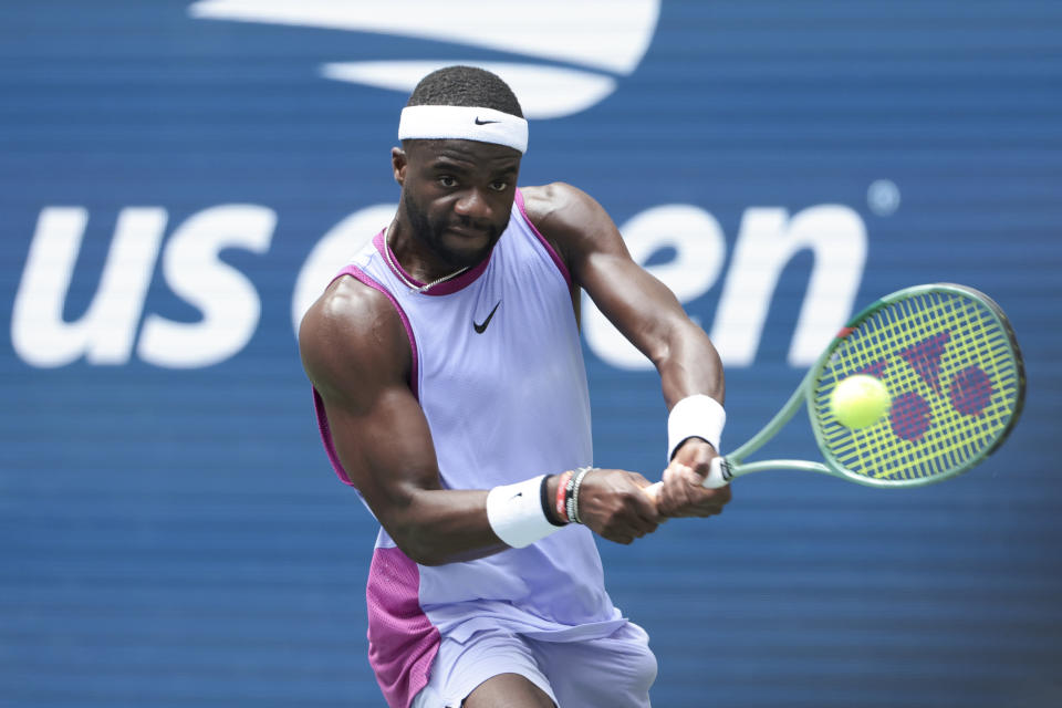 NEW YORK, NEW YORK - AUGUST 30: Frances Tiafoe of USA against Ben Shelton of USA during their Men's Singles Third Round match on Day Five of the 2024 US Open at USTA Billie Jean King National Tennis Center on August 30, 2024 in the Flushing neighborhood of the Queens borough of New York City. (Photo by Jean Catuffe/Getty Images)